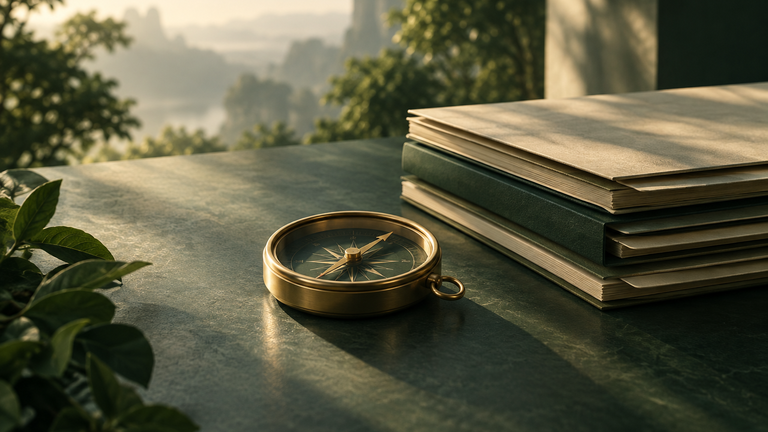 Illustration: A calm still life of a single brass compass resting on a desk beside neatly stacked, unlabeled folders in soft morning light.