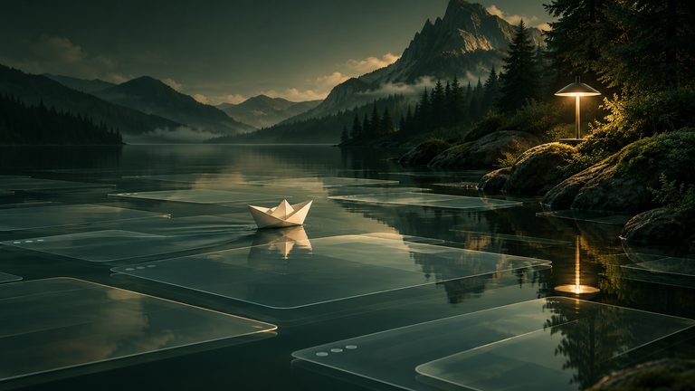 Illustration: A small paper boat drifting across a calm lake made of overlapping translucent window panes, with a single lamp glowing on the shore as if watching over it.