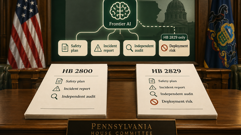 Illustration of Pennsylvania bills HB 2800 and HB 2829 under consideration, with diagram labels for proposed AI safety plans, incident reports and independent audits.