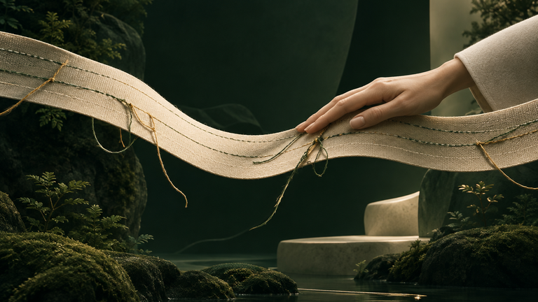 Illustration: A calm illustration of a long stitched fabric ribbon with a few mismatched threads, some passing untouched under a smooth hand and a few snagging, with no text, logos or interface elements.