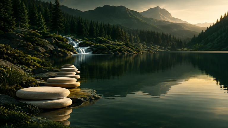 Illustration: A calm illustration of a still lake fed by a single clear stream, with a row of neatly stacked flat stones along the shore catching reflected light.