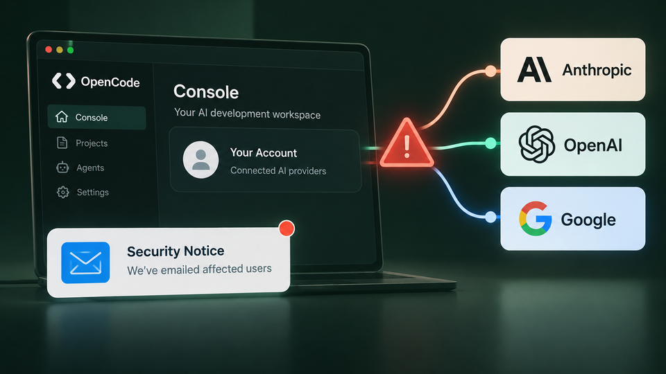 Conceptual diagram of an OpenCode Console account linked to Anthropic, OpenAI and Google, with a security warning and email notification.