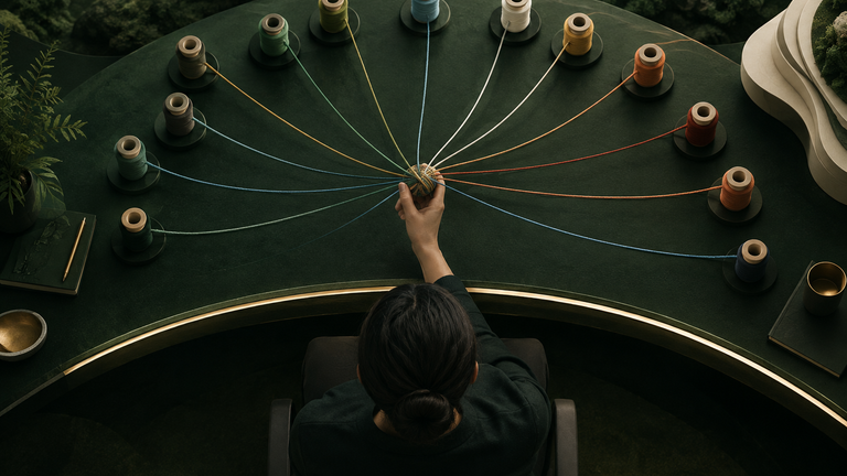 Illustration: A softly lit control desk seen from above, with threads of colored yarn converging from many small spools into one hand-held knot, suggesting separate data streams being gathered while a person holds the center.