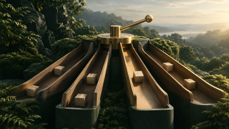 Illustration: A single brass sorting switch routing small unmarked parcels down one of four wooden chutes in soft morning light, with no text or logos.