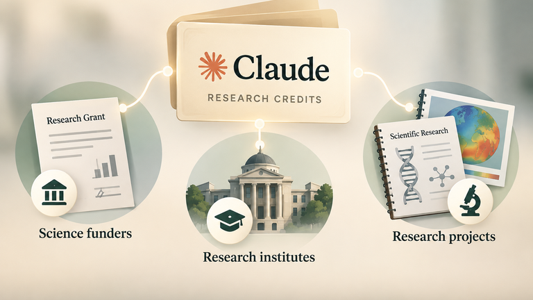 Illustrated Claude research-credit card connected to science funders, research institutes and research projects.