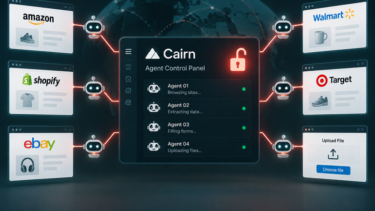 Conceptual open Cairn agent panel directing automated tasks toward online shops.