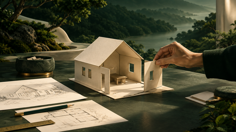 Illustration: A half-assembled paper model house on a drafting table, with a few hand-drawn plans beside it and one wall being gently adjusted into place.