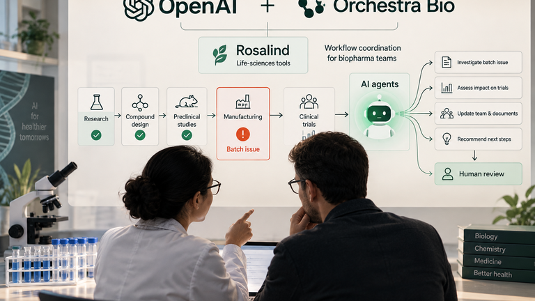 Conceptual diagram connecting OpenAI’s Rosalind research tools with Orchestra Bio’s drug-development workflow, where people review an agent’s analysis of a manufacturing delay.