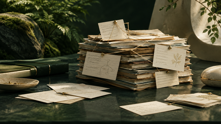 Illustration: A calm still life of a ledger of index cards, some pinned with thread to a wider pile of older notes and a few left loose, in soft daylight.