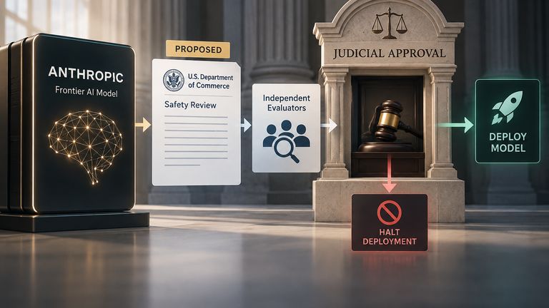 Conceptual diagram of Anthropic’s proposed AI-model safety review, with independent evaluation and a judge’s approval gate before deployment could be halted.
