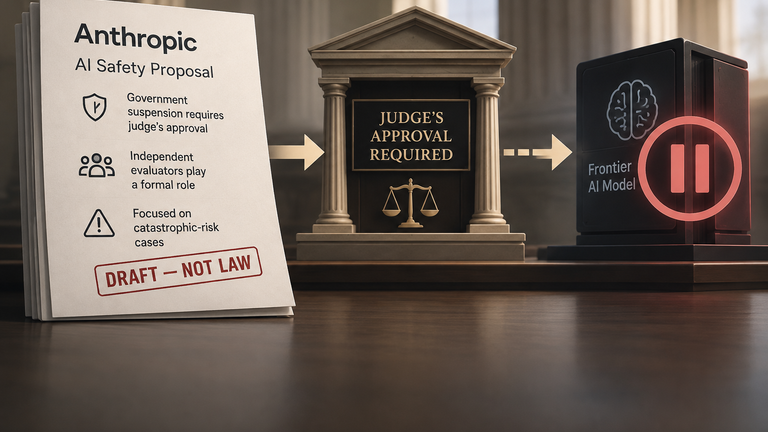 Conceptual diagram of Anthropic’s draft proposal requiring a judge’s approval before a high-risk AI model could be paused.