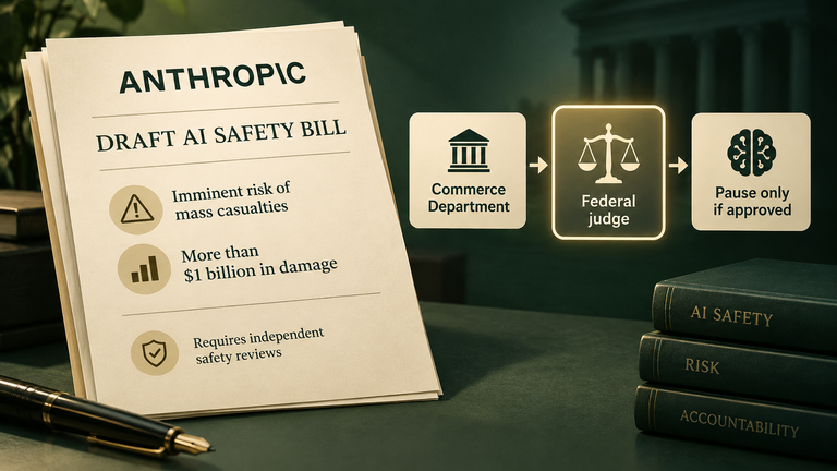 Illustrated Anthropic draft AI safety bill showing a proposed path from the Commerce Department through a federal judge to a conditional model pause.