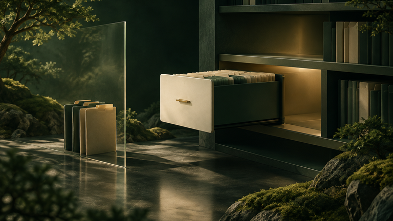 Illustration: A single tidy filing cabinet drawer sliding into a larger shared shelf, softly lit, with a few folders left quietly outside a thin glass pane.