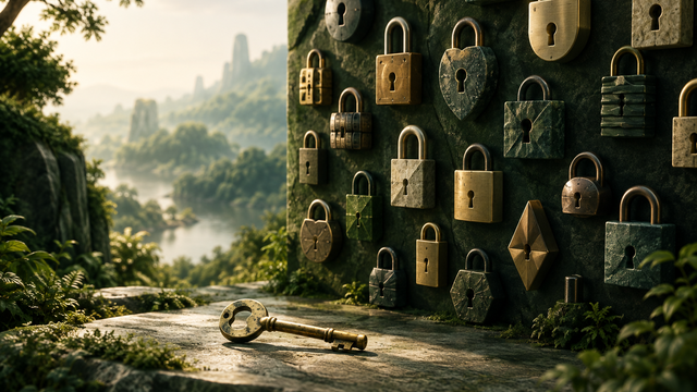 Illustration: A single weathered key resting beside a wall of many unopened, differently shaped locks in soft morning light.