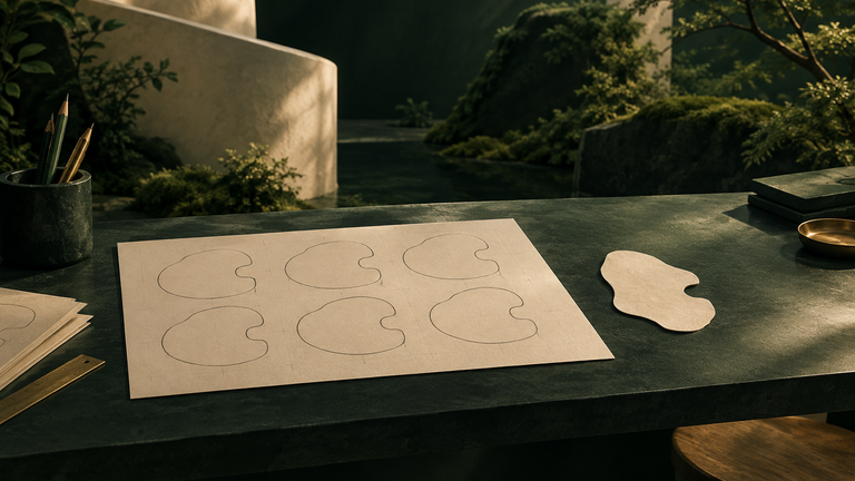Illustration: A workbench where a hand-drawn set of identical tracing templates sits beside one irregular, slightly different cut-paper shape that the templates fail to match.