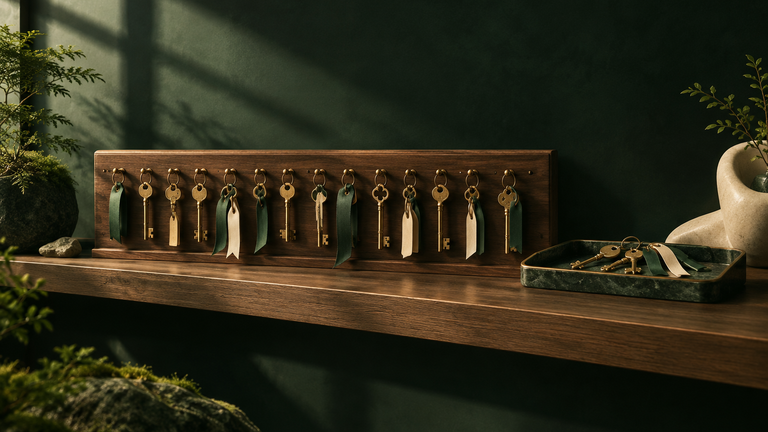 Illustration: A calm still life of a long wooden ledger shelf where small brass keys hang on hooks, some tagged with ribbons and a few set apart in a separate tray, lit by soft window light.