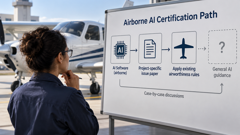 An aircraft engineer examines an airborne-AI assurance diagram that points to a project-specific issue paper rather than general AI guidance.