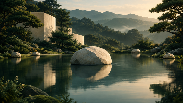 Illustration: A single still pond with one large stone in the center and several smaller stones set at different distances along the shore, each casting its own soft shadow, in calm morning light.