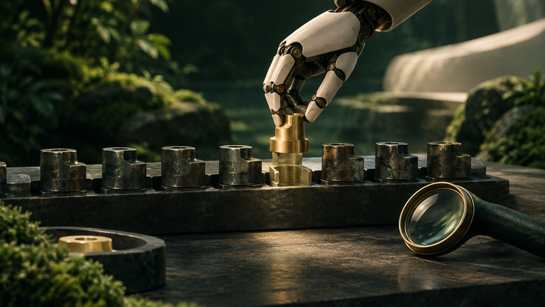 Illustration: A quiet workbench where a small mechanical hand sets a freshly cut brass part into a gap in a row of worn parts, while a magnifying loupe rests nearby ready to inspect it.