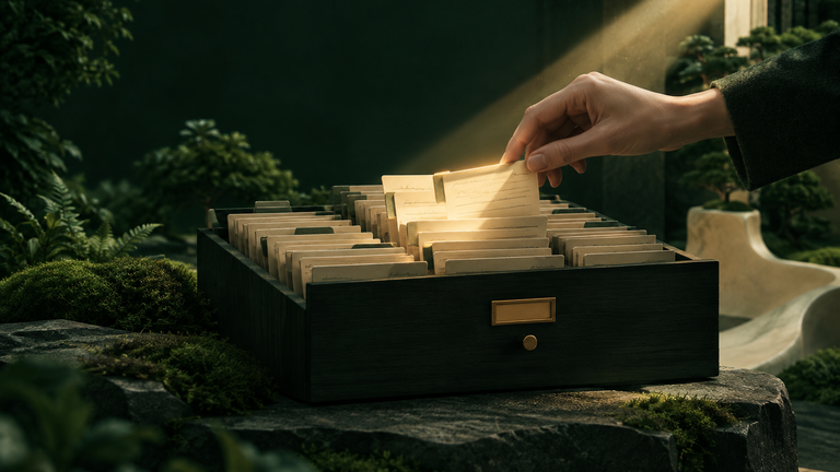Illustration: A librarian's hand-drawn index card catalog where a few cards are lifted out and a narrow ribbon of light passes over only the cards that match.