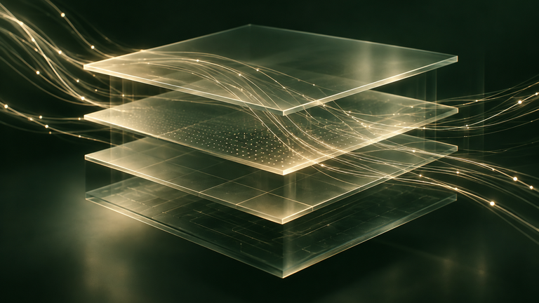 Abstract translucent layers and fine luminous threads against a dark green background.
