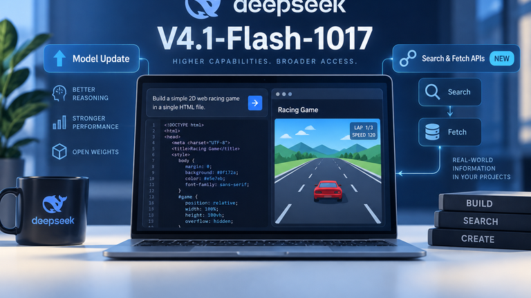 Conceptual DeepSeek V4.1-Flash-1017 coding workspace beside a Search and Fetch API flow.
