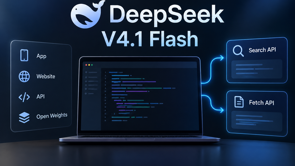 Conceptual DeepSeek V4.1 Flash coding workspace connected to Search and Fetch API actions.