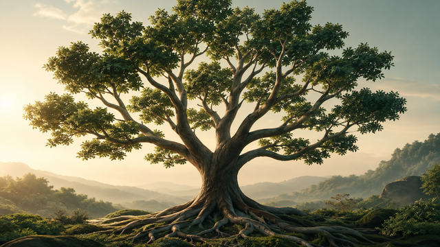 Illustration: A calm illustration of a single sturdy tree trunk with many separate branches growing from one root system, soft morning light.