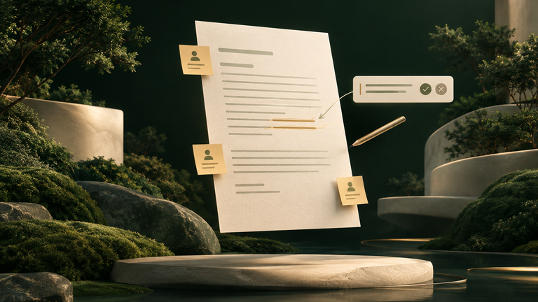 Illustration: A shared paper page with small sticky notes and a pencil-drawn suggestion hovering beside the text, left for a reader to accept or decline.