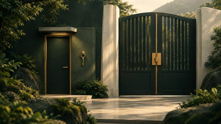 Illustration: A sturdy side door with a single brass key hanging beside a large locked front gate, soft morning light, painterly and calm.