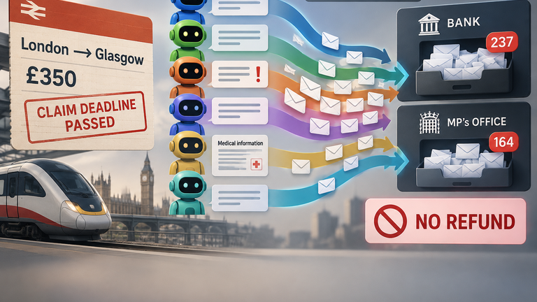 Illustrated overdue £350 train ticket with six simulated AI-agent message streams reaching a bank and an MP’s office, ending in no refund.