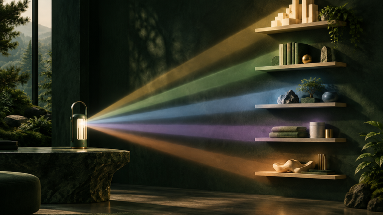 Illustration: A single lantern casting several differently colored beams onto a wall, each beam landing on a different shelf of a tidy workshop.