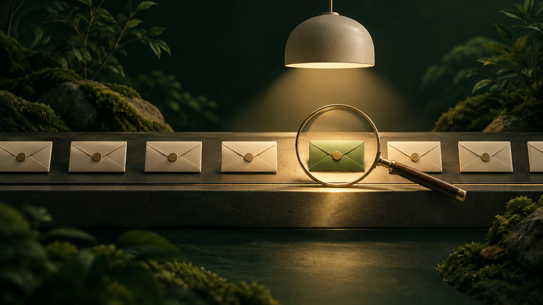 Illustration: A row of small identical sealed envelopes passing under a soft lamp, with one slightly different envelope being examined through a magnifying lens, in muted warm tones.