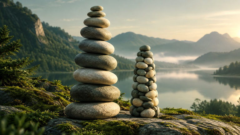 Illustration: A tall stone cairn of large smooth pebbles beside a smaller cairn of tightly interlocking pebbles of the same height, lit by soft morning light, suggesting a compact structure holding the same weight.