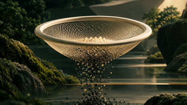 Illustration: A fine sieve of woven threads with a few bright grains of sand resting in its mesh while darker, uneven grains fall away beneath, in soft warm light.