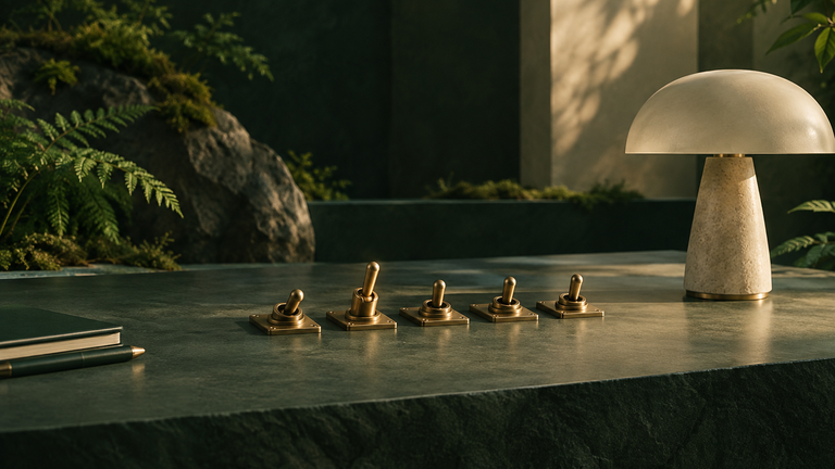 Illustration: A calm still life of a workbench with a row of small brass switches, one lifted and the rest resting, beside a single unlit lamp, soft morning light.