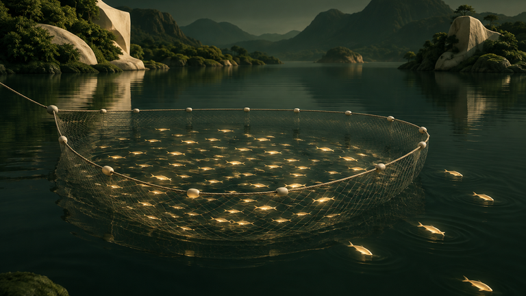 Illustration: A wide net drawn through still water, with most small glowing fish inside it and a few drifting just beyond its edge, rendered in calm muted tones.